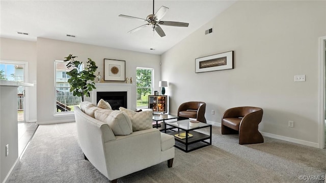 3208 Warm Springs Way, Henrico, VA 23223 - carpeted living room with a ceiling fan, a fireplace, and vaulted ceiling
