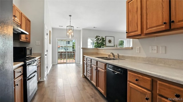 3208 Warm Springs Way, Henrico, VA 23223 - kitchen featuring black dishwasher, range with two ovens, under cabinet range hood, wood finished floors, and light countertops