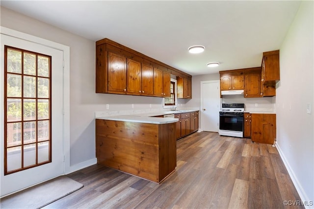 10324 Lamore Dr, Disputanta, VA 23842 - kitchen featuring white range oven, brown cabinetry, under cabinet range hood, and dark wood-style floors