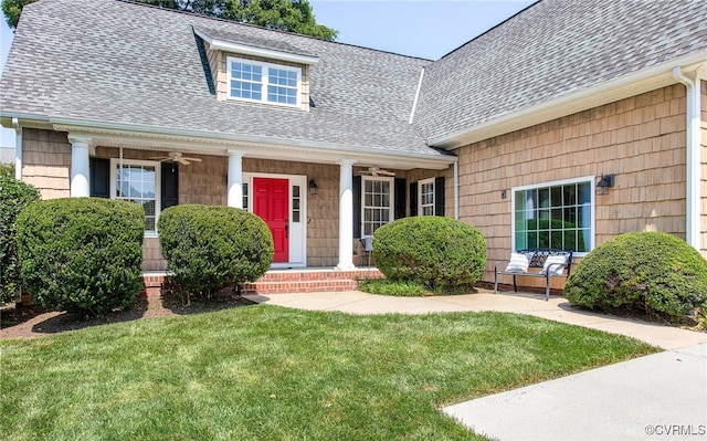 1204 Bowden Rd, Henrico, VA 23229 - cape cod home featuring a shingled roof, a ceiling fan, a front yard, and covered porch