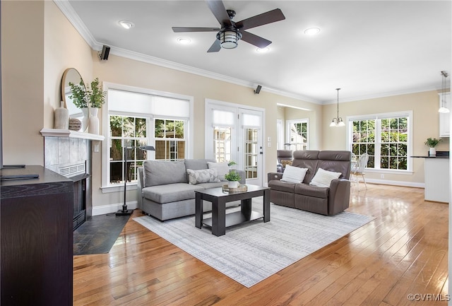 1204 Bowden Rd, Henrico, VA 23229 - living area with a ceiling fan, light wood-type flooring, ornamental molding, recessed lighting, and a chandelier