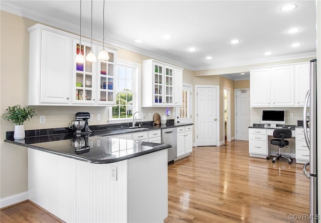 1204 Bowden Rd, Henrico, VA 23229 - kitchen with a peninsula, appliances with stainless steel finishes, ornamental molding, white cabinets, and recessed lighting