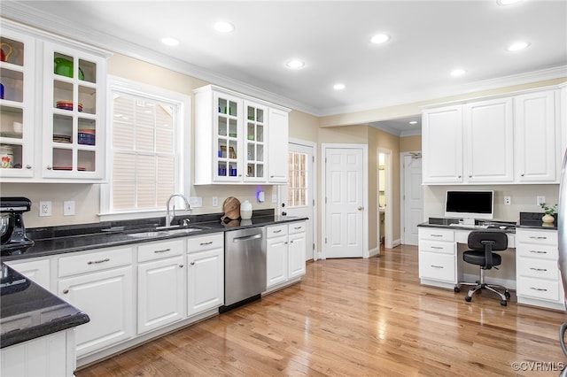 1204 Bowden Rd, Henrico, VA 23229 - kitchen with stainless steel dishwasher, ornamental molding, white cabinets, light wood-style flooring, and recessed lighting