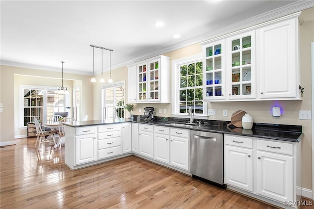 1204 Bowden Rd, Henrico, VA 23229 - kitchen featuring stainless steel dishwasher, a peninsula, ornamental molding, white cabinets, and glass insert cabinets