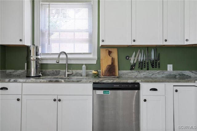 202 Larne Ave, Richmond, VA 23224 - kitchen featuring stainless steel dishwasher, white cabinets, and light stone countertops