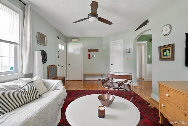 202 Larne Ave, Richmond, VA 23224 - living area with wood finished floors, arched walkways, and ceiling fan