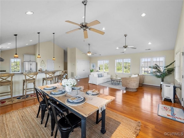 621 Fort Lowry Ln, Dunnsville, VA 22454 - dining room with plenty of natural light, light wood-style floors, a ceiling fan, recessed lighting, and high vaulted ceiling