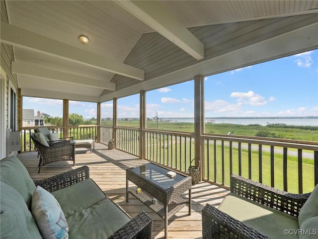 621 Fort Lowry Ln, Dunnsville, VA 22454 - wooden terrace featuring a water view, outdoor lounge area, and a yard