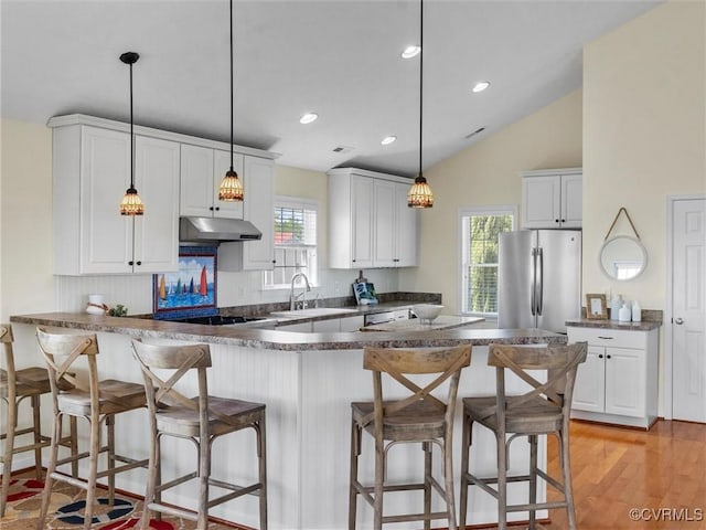 621 Fort Lowry Ln, Dunnsville, VA 22454 - kitchen featuring appliances with stainless steel finishes, under cabinet range hood, a peninsula, healthy amount of natural light, and vaulted ceiling