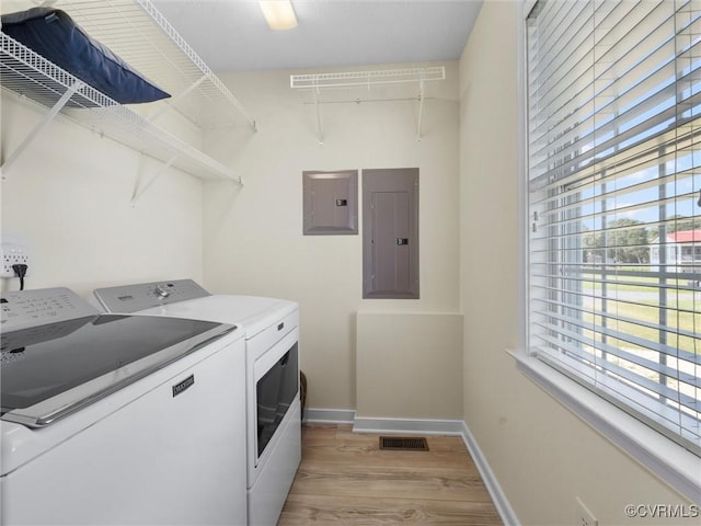 621 Fort Lowry Ln, Dunnsville, VA 22454 - laundry room with electric panel, washing machine and dryer, and light wood finished floors