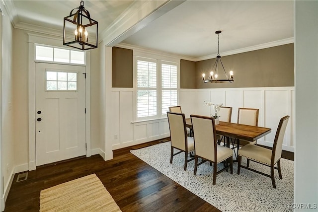 2500 Madison Station Ct, Henrico, VA 23233 - dining room with a chandelier, a decorative wall, dark wood-style flooring, wainscoting, and ornamental molding