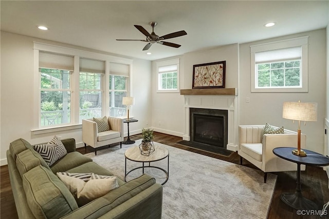 2500 Madison Station Ct, Henrico, VA 23233 - living area with wood finished floors, ceiling fan, a fireplace with flush hearth, and recessed lighting