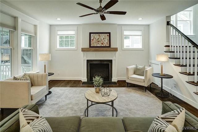 2500 Madison Station Ct, Henrico, VA 23233 - living room featuring a ceiling fan, stairs, wood finished floors, a fireplace with flush hearth, and recessed lighting