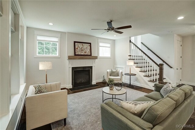 2500 Madison Station Ct, Henrico, VA 23233 - living room with healthy amount of natural light, stairs, a fireplace with flush hearth, ceiling fan, and recessed lighting