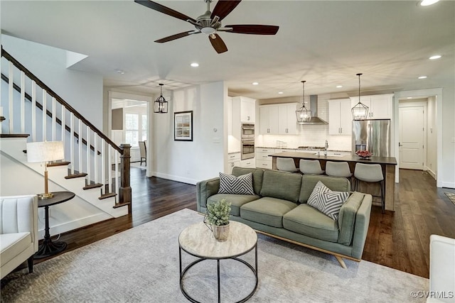 2500 Madison Station Ct, Henrico, VA 23233 - living area with recessed lighting, dark wood-style flooring, stairway, and a ceiling fan