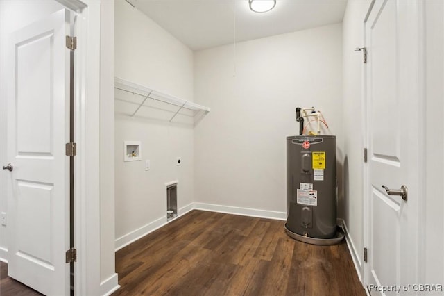 5883 Mill Race Pl, Gloucester, VA 23061 - laundry room with water heater, electric dryer hookup, hookup for a washing machine, and dark wood-type flooring