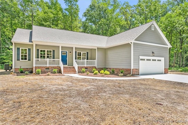 5883 Mill Race Pl, Gloucester, VA 23061 - ranch-style house with a garage, covered porch, roof with shingles, and concrete driveway