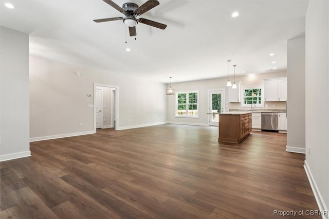 5883 Mill Race Pl, Gloucester, VA 23061 - unfurnished living room with a ceiling fan, dark wood-style flooring, and recessed lighting