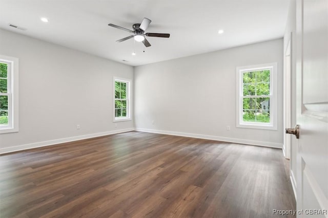 5883 Mill Race Pl, Gloucester, VA 23061 - unfurnished room featuring healthy amount of natural light, dark wood-style flooring, a ceiling fan, and recessed lighting