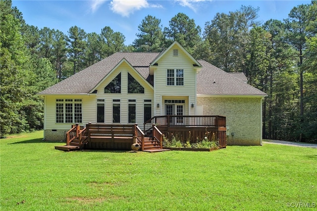3007 Tranbycroft Way, Sandy Hook, VA 23153 - rear view of property featuring crawl space, a shingled roof, a lawn, and a deck