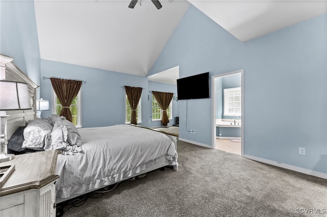 5129 Jenkins Forest Ln, Sandston, VA 23150 - bedroom with high vaulted ceiling, carpet flooring, ensuite bathroom, and ceiling fan
