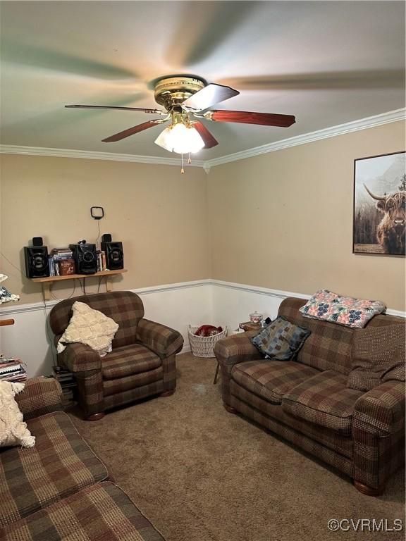 24501 River Rd, North Dinwiddie, VA 23803 - carpeted living area featuring a ceiling fan and crown molding