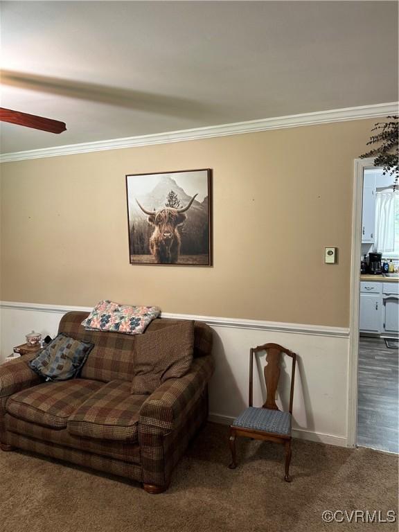 24501 River Rd, North Dinwiddie, VA 23803 - living area with crown molding, carpet floors, a ceiling fan, and wainscoting
