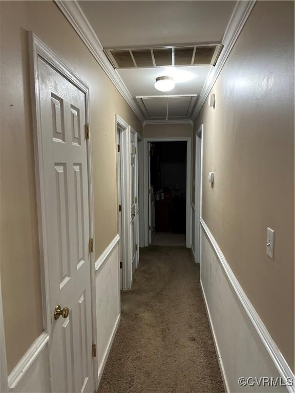 24501 River Rd, North Dinwiddie, VA 23803 - hallway with attic access, carpet flooring, and ornamental molding