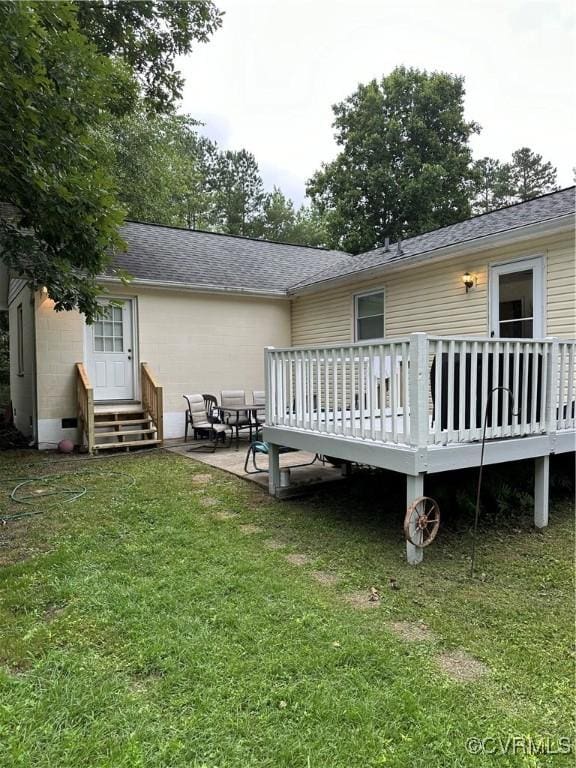 24501 River Rd, North Dinwiddie, VA 23803 - rear view of house featuring a wooden deck, entry steps, a shingled roof, and a yard