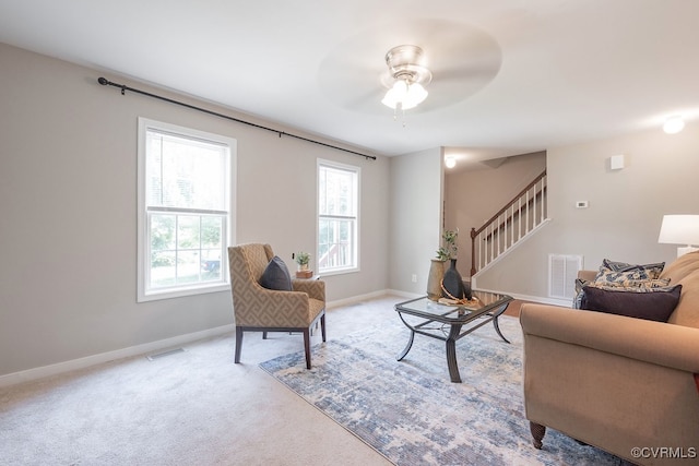 1014 Pennsylvania Ave, Glen Allen, VA 23060 - living room featuring stairs, ceiling fan, and carpet flooring