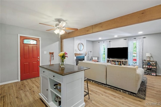 4606 S Run Ct, Chesterfield, VA 23234 - living area featuring light wood finished floors, a ceiling fan, a fireplace, and recessed lighting
