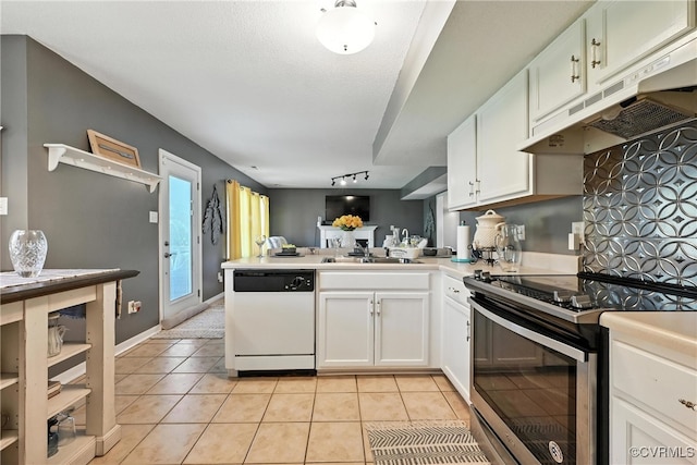 3006 Creek Meadow Cir, North Chesterfield, VA 23234 - kitchen with white dishwasher, electric stove, under cabinet range hood, light tile patterned flooring, and a peninsula