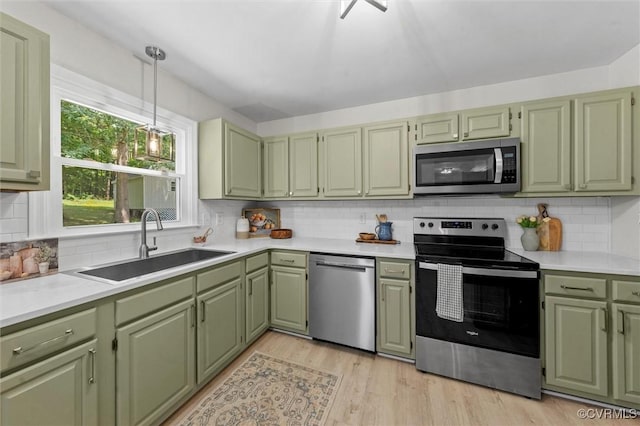 1900 Pine Creek Bluff Ct, Powhatan, VA 23139 - kitchen featuring appliances with stainless steel finishes, green cabinetry, light countertops, and tasteful backsplash