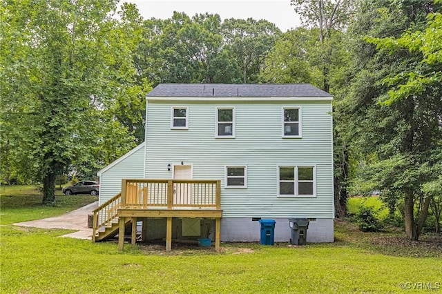 6910 Siliman Dr, Chesterfield, VA 23832 - rear view of property featuring a lawn, a deck, view of scattered trees, and stairs