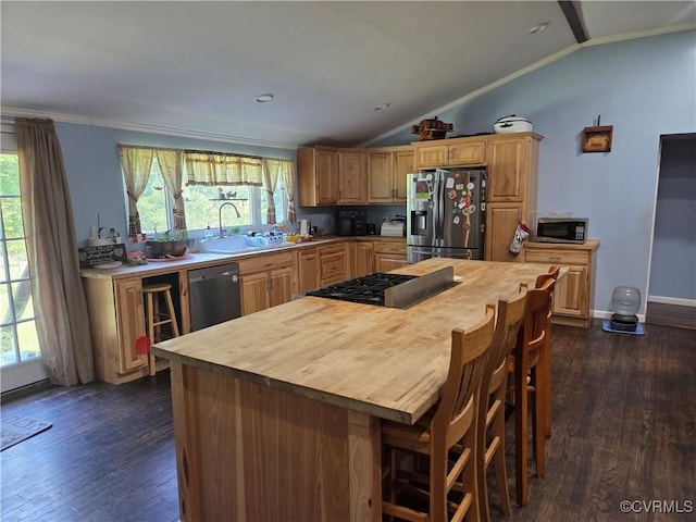 20803 Old Beaver Pond Rd, Mc Kenney, VA 23872 - kitchen featuring appliances with stainless steel finishes, butcher block countertops, vaulted ceiling, dark wood-style floors, and ornamental molding