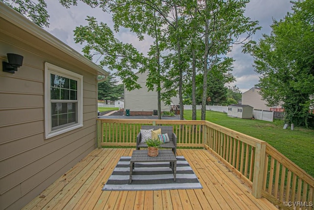 1300 Hyner Cir, Sandston, VA 23231 - deck with a lawn, a storage shed, and an outdoor hangout area