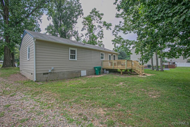 1300 Hyner Cir, Sandston, VA 23231 - rear view of house with a wooden deck, a lawn, and crawl space