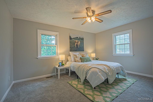 1300 Hyner Cir, Sandston, VA 23231 - carpeted bedroom featuring multiple windows, a textured ceiling, and a ceiling fan