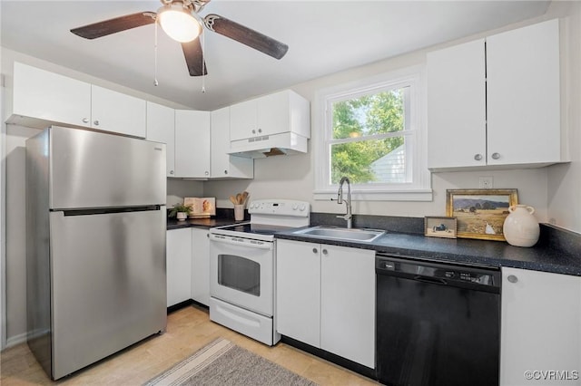 3912 Alma Ave, Henrico, VA 23222 - kitchen featuring freestanding refrigerator, black dishwasher, white range with electric cooktop, under cabinet range hood, and dark countertops