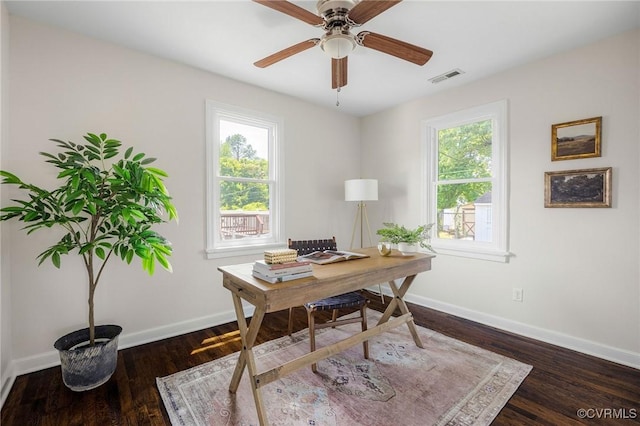 3912 Alma Ave, Henrico, VA 23222 - office area featuring healthy amount of natural light, ceiling fan, and dark wood finished floors