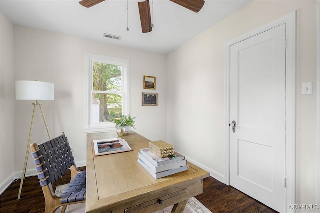 3912 Alma Ave, Henrico, VA 23222 - home office with a ceiling fan and dark wood-style floors