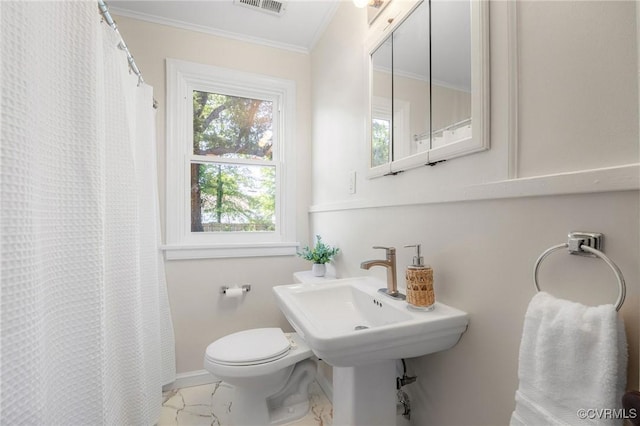 3912 Alma Ave, Henrico, VA 23222 - bathroom with marble finish floors, crown molding, and a shower with shower curtain