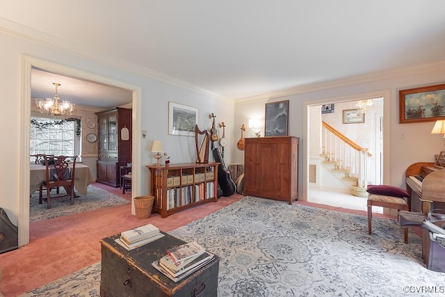 570 Three Chopt Rd, Manakin Sabot, VA 23103 - carpeted living area featuring a chandelier, ornamental molding, and stairs