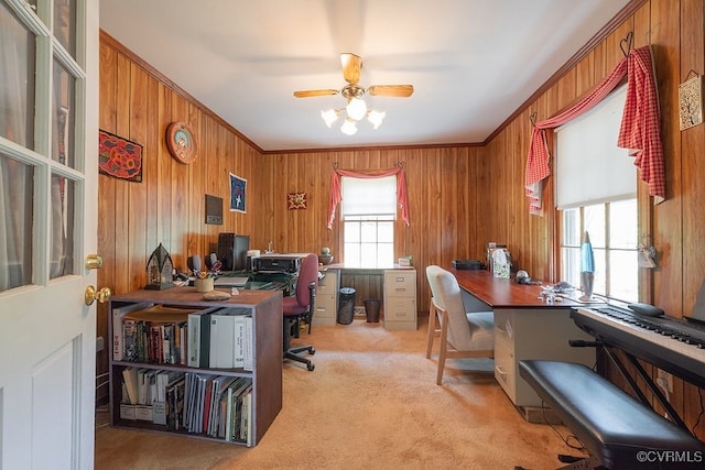 570 Three Chopt Rd, Manakin Sabot, VA 23103 - office area featuring a ceiling fan, light carpet, and wood walls