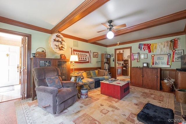 570 Three Chopt Rd, Manakin Sabot, VA 23103 - living area featuring ornamental molding, a ceiling fan, and wainscoting