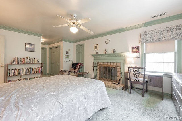570 Three Chopt Rd, Manakin Sabot, VA 23103 - carpeted bedroom with ornamental molding, a fireplace, a ceiling fan, and a closet