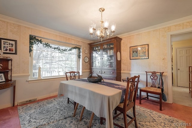 570 Three Chopt Rd, Manakin Sabot, VA 23103 - dining area featuring a chandelier, wallpapered walls, and ornamental molding