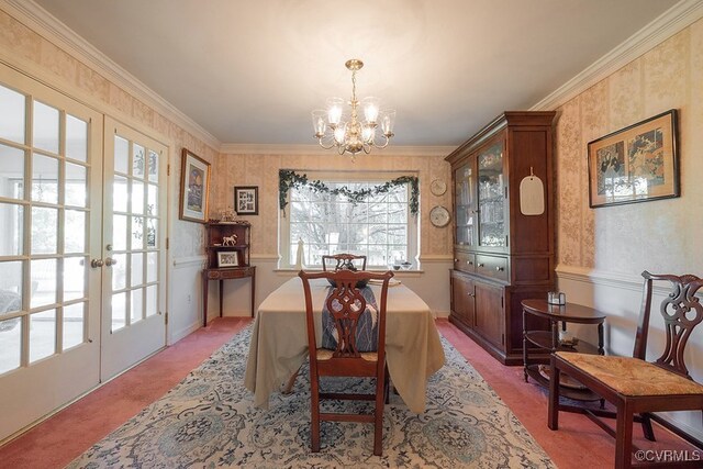 570 Three Chopt Rd, Manakin Sabot, VA 23103 - dining space with a chandelier, french doors, light colored carpet, ornamental molding, and wallpapered walls