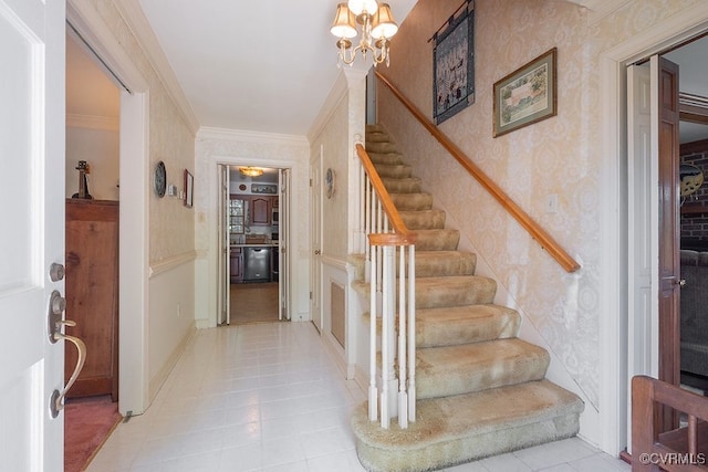 570 Three Chopt Rd, Manakin Sabot, VA 23103 - stairs featuring wallpapered walls, a chandelier, tile patterned floors, and crown molding