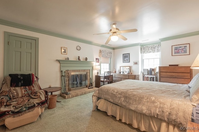570 Three Chopt Rd, Manakin Sabot, VA 23103 - bedroom featuring carpet, crown molding, a fireplace, and a ceiling fan